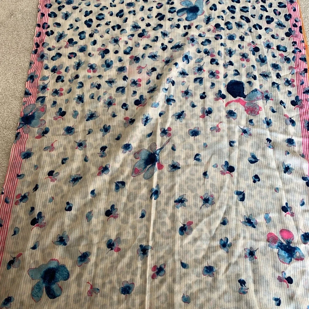 Tory Burch 72” Flower Print Scarf with Pink and Blue Accents